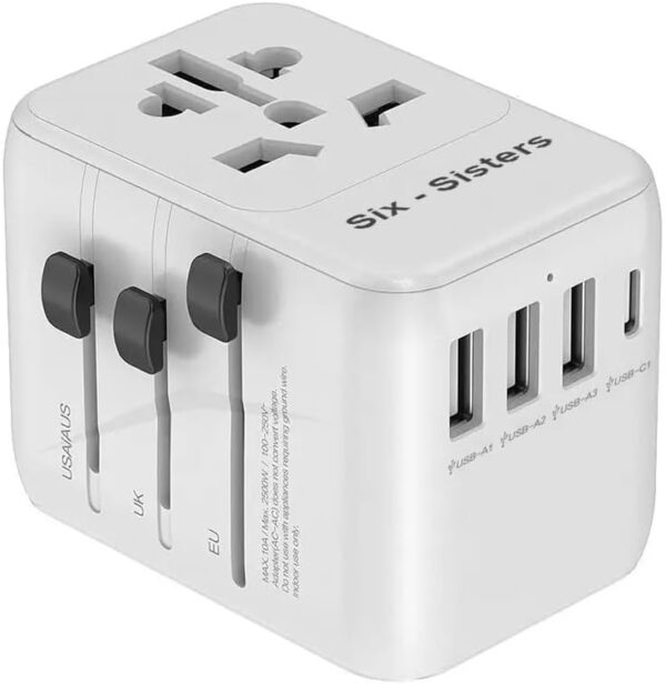 Worldwide Travel Adaptor, Six-Sisters Universal Travel Adaptor International Travel Plug Adaptor with Universal AC Socket 3USB A & 1 USB C All in-one Universal Charger Power Adaptor for EU AU UK US