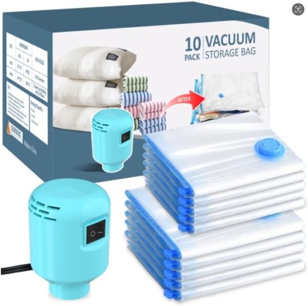 10 PC vacuum storage bags with electric pump，(5Large/5Medium), Reusable Vacuum Bags for Duvets, Blankets, Travel, Moving