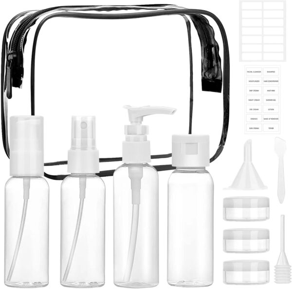 TRUEIN Travel Bottles Set for Toiletries, 13 Pcs Holiday Travel Clear Plastic Bottles, Leak Proof Refillable Travel Containers with Storage Bag, for Liquids, Accessories, Cosmetic Products