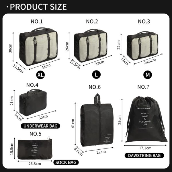 7 PCS Packing Cubes for Suitcase, Travel Luggage Packing Organizers for Backpack, Waterproof Travel Essentials Bags, Travel Cubes Accessories for Men Women, Black - Image 2