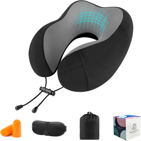 CNMTCCO Travel Pillow - Comfortable Neck Pillow for Travel, Memory Foam Neck Pillow Head Support Soft Pillow for Sleeping Rest Airplane Car & Home Use, with Ear Plugs, Eye Mask & Carry Bag (Black)