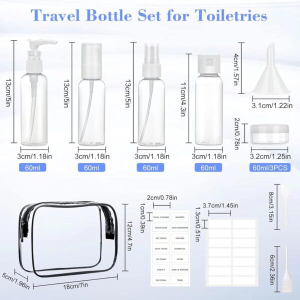 TRUEIN Travel Bottles Set for Toiletries, 13 Pcs Holiday Travel Clear Plastic Bottles, Leak Proof Refillable Travel Containers with Storage Bag, for Liquids, Accessories, Cosmetic Products - Image 2