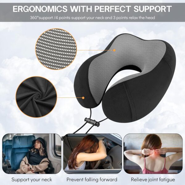 CNMTCCO Travel Pillow - Comfortable Neck Pillow for Travel, Memory Foam Neck Pillow Head Support Soft Pillow for Sleeping Rest Airplane Car & Home Use, with Ear Plugs, Eye Mask & Carry Bag (Black) - Image 2