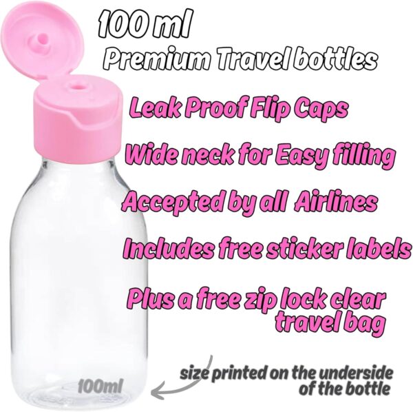 Toppdogz Travel Bottles with Wide Neck, 100ml, Labels and Clear Bag Included 5 pack - Image 2